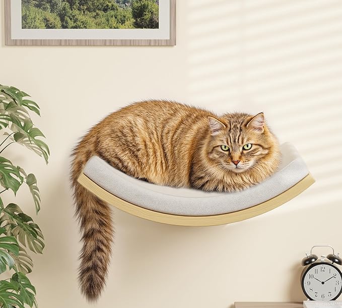 4-Piece Cats Wall Furniture with Cat Window Perch – Wood Wall Mounted Cat Shelves Set with Foam-Padded Curved Bed, Flat Perch & 4-Step Cats Stairs