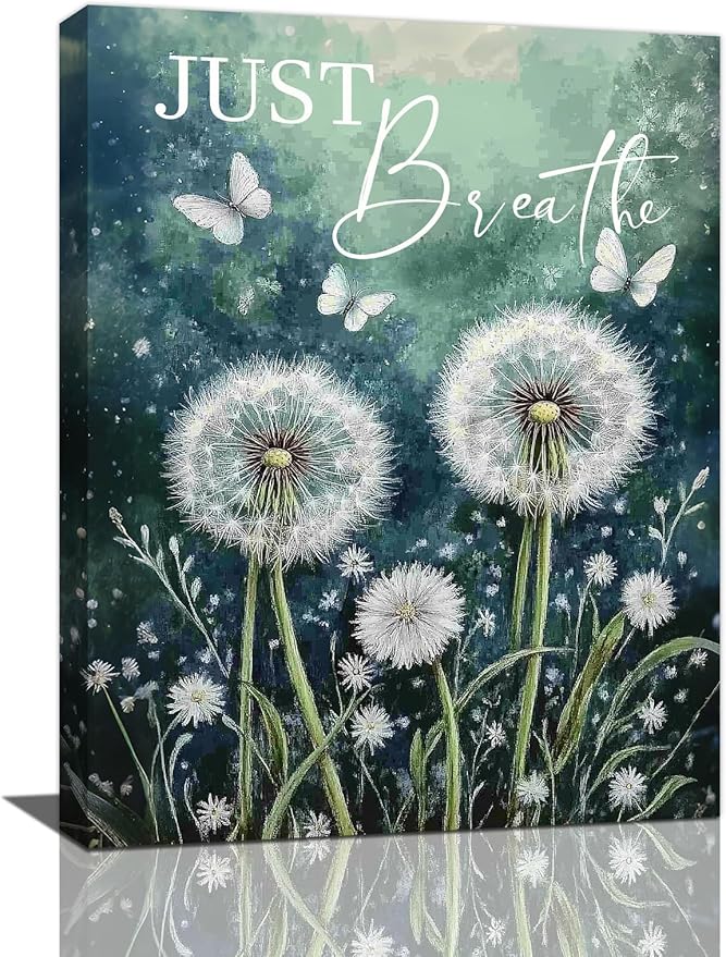 Dandelion Pictures Wall Art, Farmhouse Floral Bathroom Wall Decor, Rustic Inspirational Framed Painting Butterfly White Flower Canvas Artwork for Bathroom Bedroom Living Room Decorations 20"L x 16"W