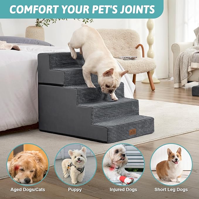 Dog Stairs for Small Dogs, 5 Tier Removable Wider Pet Stairs for Couch and Bed, 23.6" H Non-Slip Dog Steps for Puppies and Old Cats with Support Board, 29.5x19.7x23.6 inch, Dark Grey
