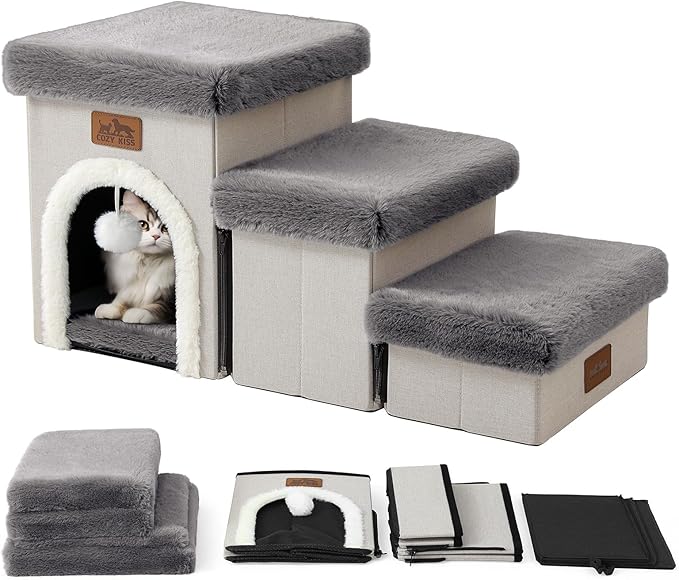 Dog Stairs for Small Dogs with Storage and Condo, 14" H Foldable Pet Stairs for Small Medium or Puppy Dogs and Older Cats, Dog Steps for Bed or Couch, 13x27x14 inch, 3 Tiers, Grey