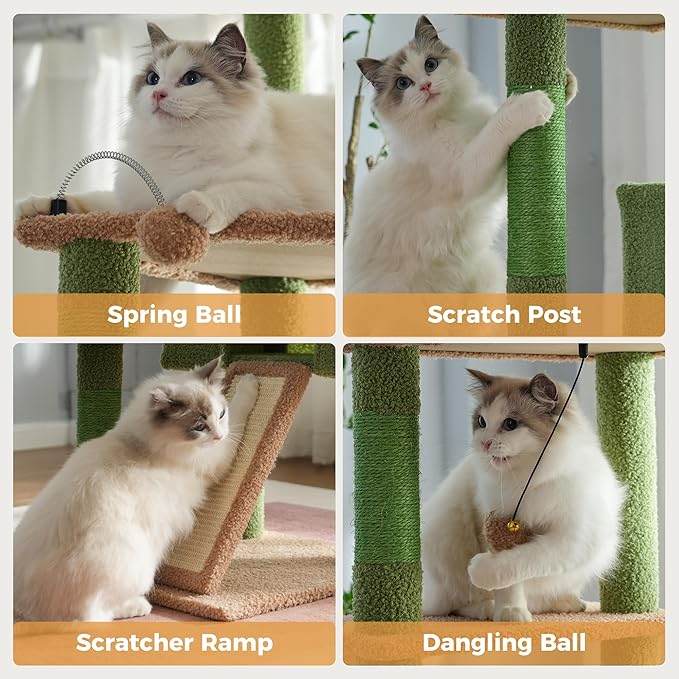 Floor to Ceiling Cat Tree Tall Cat Tower with Adjustable Height (81.8-108 Inches) with Fully Scratching Post Private Condo and Hammock for Indoor Cats (Green, Triple Dule Posts)