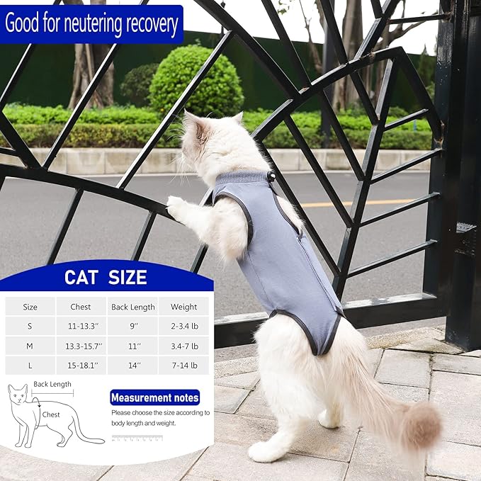 Cat Surgery Recovery Suit Cat Onesie for Cats After Surgery Spay Surgical Abdominal Wound Skin Diseases E-Collar Alternative Wear (Grey-Blue-M)