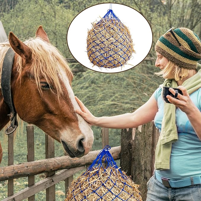 Fabbay 4 Pcs Slow Feed Hay Net Feeder Hay Bag for Horses Slow Feeder 40 Inch Length with 2 Inch Holes Hanging Horse Feed Net for Goat Cattle Equine Stalls Barn Supplies(Blue)