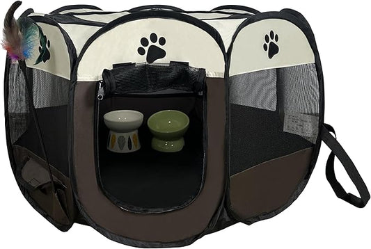 Cat Playpen for Indoor and Outdoor Cats Collapsible Enclosed, Portable Cat Tent, Cat, Puppy Crate Cage (Coffee, Standard, Octagon)