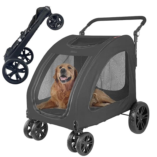 Extra Large Dog Stroller for Medium & Large Pets - Foldable Design, Adjustable Handle, Up to 130 lbs(Black)