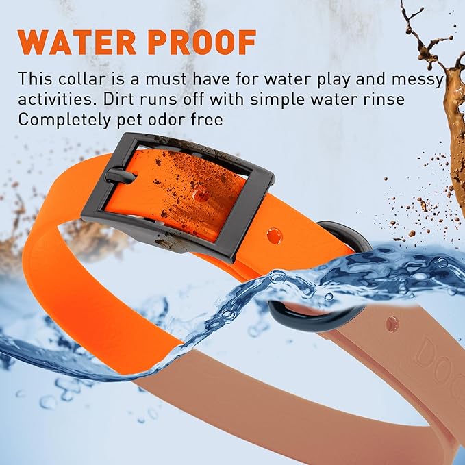 Dogline Biothane Waterproof Dog Collar Strong Coated Nylon Webbing with Black Hardware Odor- Proof for Easy Care Easy to Clean High Performance Fits Small Medium or Large Dogs, Hunter Orange