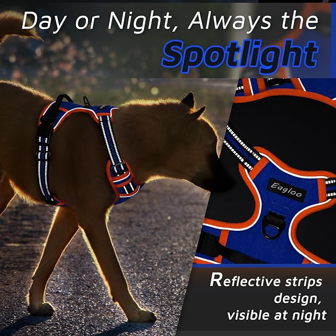 Eagloo Dog Harness Small Sized Dog, No Pull Service Vest with Reflective Strips and Control Handle, Adjustable and Comfortable for Walking, No Choke Pet Harness with 2 Metal Rings, Blue & Orange, S