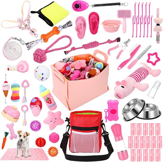 65 Pcs Puppy Supplies Starter Kit Small Dog Essentials Includes Dog Leash, Toys, Bowl, Brushes, Water Bottles, pet Blankets Puppy Accessories for New Welcome Gift Supplies(Cute,Pink)