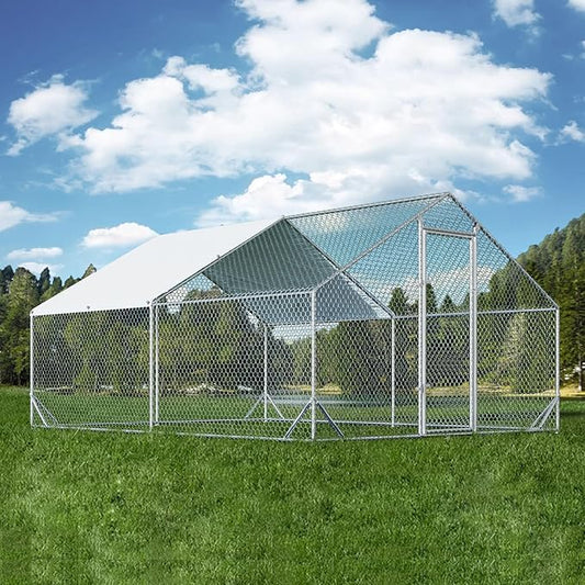 4ever2buy Large Metal Chicken Coop with Run Walk-in Poultry Cage Chicken Runs House Pen Cage Spire Roofed Chicken Coops with Anti-Ultraviolet Cover for Outdoor Yard Farm Use 9.8’L x 13.1’W x 6.4’H