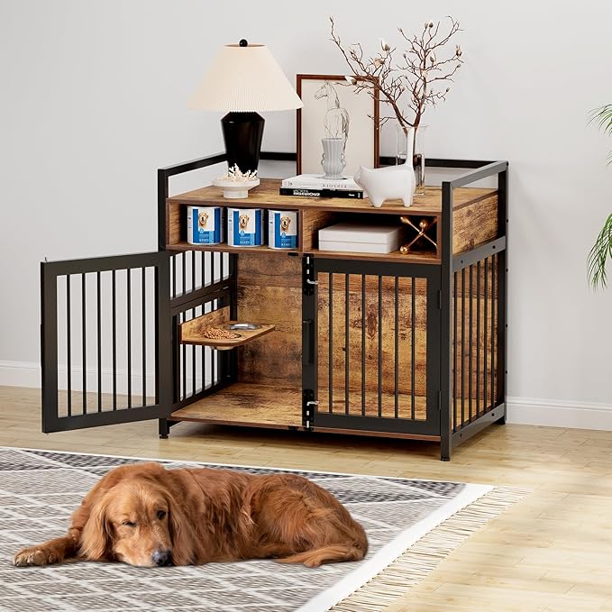 Furniture Style Dog Crate with Storage, 41 Inch Dog Crate Furniture with Double Doors, 2 Stainless Steel Bowls, Dog Crate Furniture-Style Crate for Large/Medium Dog