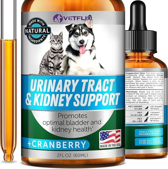 Cranberry Dog & Cat UTI Treatment - Best UTI for Pets - Made in USA - Dog & Cat Kidney Support - Cat Bladder Drops - Pet Immune Health Supplement - Marshmallow, Dandelion Root, Pumpkin Seed - 2 Fl Oz