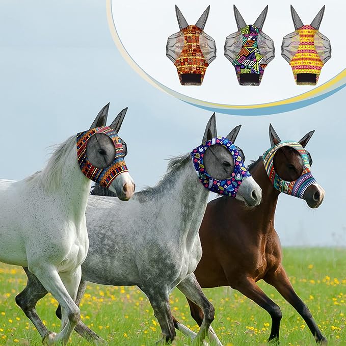 Chunful 6 Pcs Horse Fly Masks with Ears Smooth and Comfortable Cashel Mesh Fly Mask Elasticity Breathability UV Protection Horse Face Covering for Riding Supplies(Geometric,Medium)