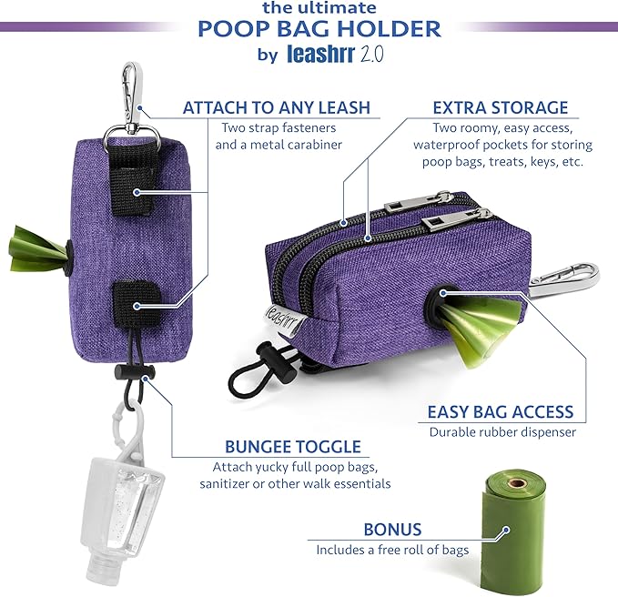 Dog Poop Bag Holder for Leashes - Dog Poop Bag Dispenser and Treat Holder with 2 Waterproof Pouches for Pet Waste Bags and Walking Accessories + 1 Free Roll (Purple)