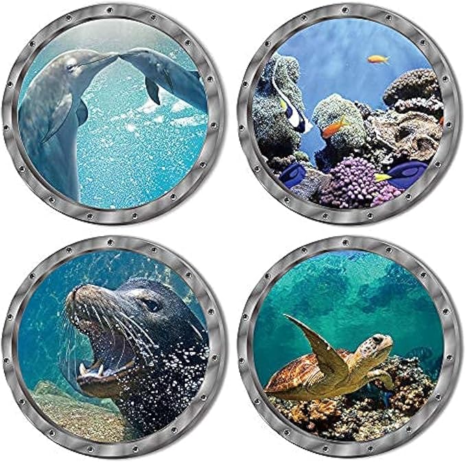 4 PCS Removable 3D Under The Sea Nature Scenery Wall Decals - Animals Wall Sticker Home Wall Art Decor for Bathroom Bedroom Door Kids Baby Nursery Room - Includes Turtles, Dolphins, Sea Lions, Coral