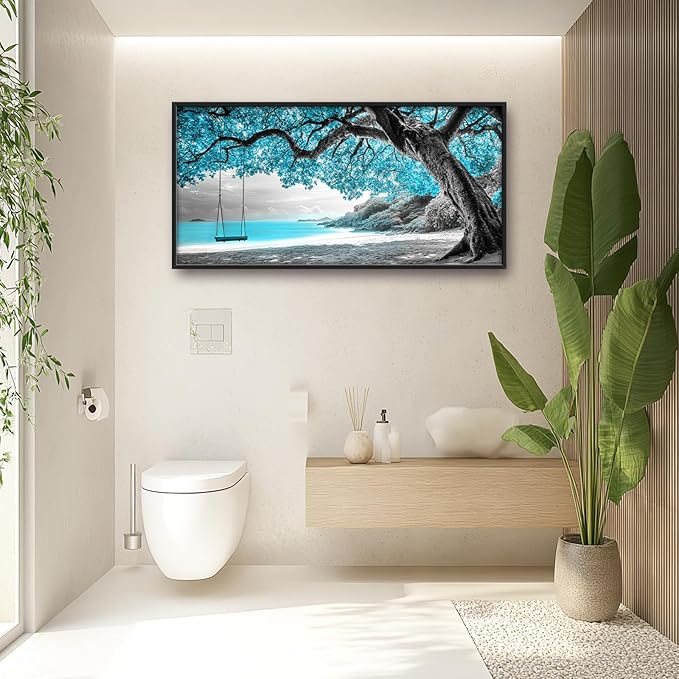Extra Large Framed Abstract Tree Wall Art,Black and White Tree of Life Wall Decor,Blue Teal Sea Pictures for Living Room,Canvas Print Painting Modern Artwork Bedroom Office Bathroom 60L x 30W