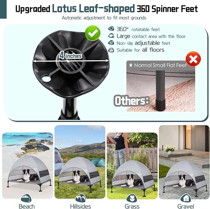 Elevated Outdoor Dog Bed with Canopy & Adjustable Feet - Larger Shade for Camping, Backyard & Patio