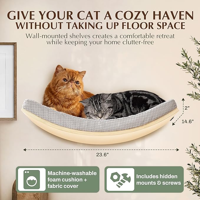 Extra Large 23.6”×14.6” CALLICO HAVEN- Stylish Cat Wall Shelves with Curved Design, Modern Wall-Mounted Cat Tree Hammock with Soft Cushion, Sturdy/Hidden Mounts, Washable Cover, Sleek Design -C Shape