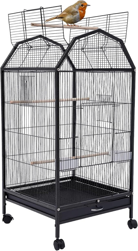40-Inch Wrought Iron Bird Cage with Open-Top and Rolling Stand, Movable Parrot Cage Pet Bird Flight Cage, 360 Degree View Spacious Interactive Roof Pet Bird House for Medium&Small Birds