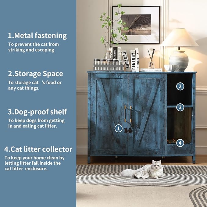 Cat Litter Robot Enclosure, Enclosure for self-Cleaning Litter Boxes,Adjustable Shelf for Dog Proof and Storage,Charging Station,Locks Added for cat,Large Indoor Cat House,Blue