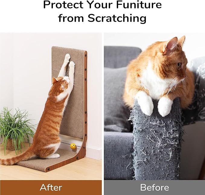 FUKUMARU Cat Scratcher, 26.8 Inch Cat Scratch Pad for Indoor Cats, L Shaped Cardboard Vertical Cats Scratching Board with Ball Toy, Walnut Color, 2 Packs