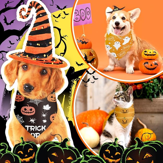 Chunful 30 Pieces Halloween Dog Bandanas Triangle Bandanas for Dogs with Pumpkin Ghost Patterns Soft Bibs Adjustable Doggie Scarf for Small Medium Large Pets Halloween Costume 25.6 x 17.7 x 17.7 in