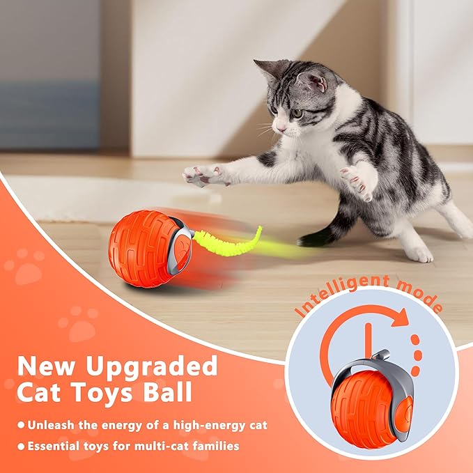 Cat Toys,Interactive Cat Toys Ball for Bored Indoor Cat,Automatic Rolling,Drop Resistant and Obstacle Avoidance,2 Modes Adjustment,Fluffy Tail and USB Type-C Rechargeable（Orange）
