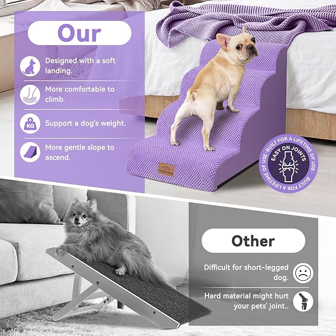 Dog Ramp and Stair for Bed 16" H-20 H,3-Step Cat Stair for Sofa and Chair,4-Step Dog Ramp for High Bed and Window,Durable Nonslip Fabric Cover for Indoor (Purple-20 H, Pet Friendly, 4)