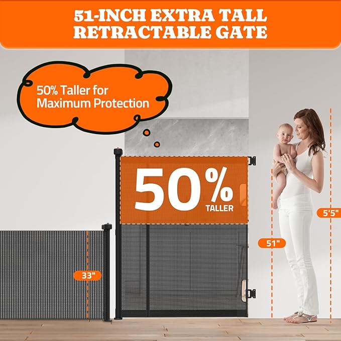 Extra Tall Retractable Baby Gates: 51" High Pet Gate, Extend up to 71" Wide, Mesh Baby Gate with Support Rods Jump-Proof Design for Cats & Large Dogs Tall Dog Cat Gate Indoor Outdoor, Black