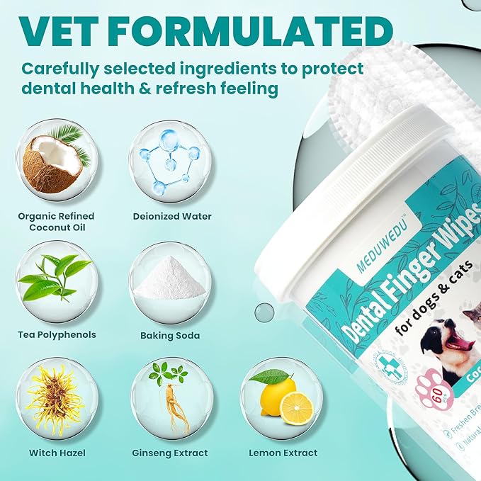 Dental Care Finger Wipes 60 Counts,Teeth Cleaning Finger Wipes for Dogs & Cats,Reduces Plaque & Supports Oral Freshness, Small Animal Stain Removers, Coconut Scent