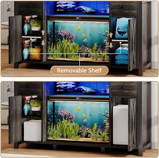 75 Gallon Fish Tank Stand with LED Light & Power Outlets, 55-75 Gallon Heavy Duty Metal Aquarium Stand with Drawers & Barn Doors, Cabinet for 2 Fish Tank Accessories Storage, Dark Oak