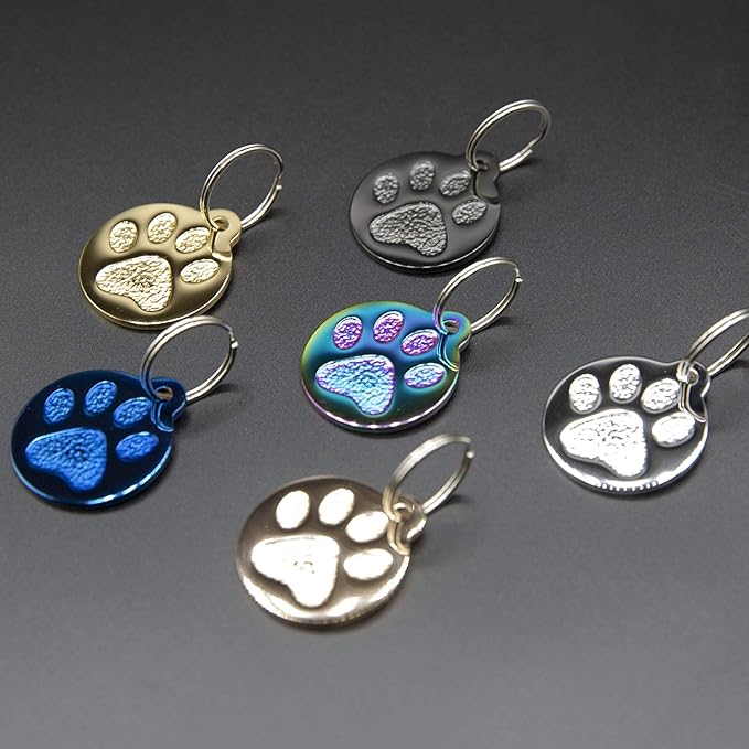 Engraved Pet Tag for Dogs and Cats - Personalized Front & Back up to 4 Lines of Text Custom Engraved ID, Round Paw Print Solid Plating Stainless Steel Gold Regular