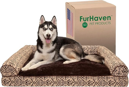 Furhaven Orthopedic Dog Bed for Large Dogs w/ Removable Bolsters & Washable Cover, For Dogs Up to 95 lbs - Plush & Southwest Kilim Woven Decor Sofa - Desert Brown, Jumbo/XL
