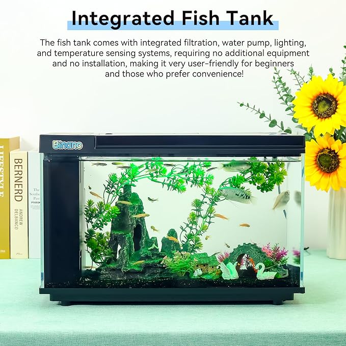 8 Gallon Aquarium Kit Featuring Real-Time Temp Display, Adjustable Flow Pump, Bottom Storage, Multi-Position Filter & 6 Light Modes - Complete Fish Tank Starter for Betta or Goldfish