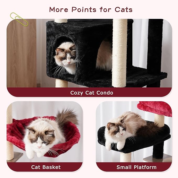 Cat Tree with Tunnel, Cat Tower for Indoor Cats, Tall Gothic Cat Tree Tower with Cat Condo, Food Station, Large Platform, Scratching Posts, Hammock, Black and Red GCT021BR