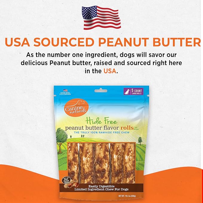 Canine Naturals Peanut Butter Chew - 100% Rawhide Free Dog Treats - Made with Real Peanut Butter - All-Natural and Easily Digestible - 5 Pack of 7 Inch Large Rolls for Dogs 50-75lb