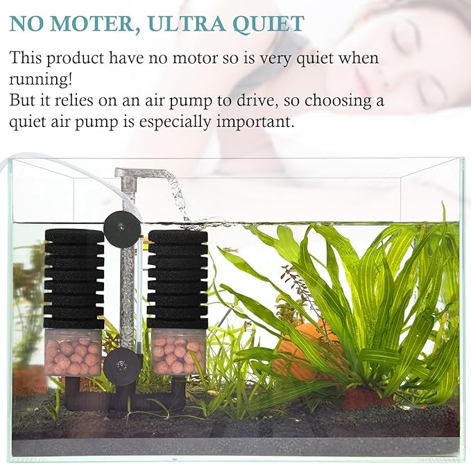 Air Powered Aquarium Sponge Filter with Biochemical Sponge and Ceramic Balls, Quiet Submersible Fish Tank Filter for 8-20Gallon (M-6.7in)