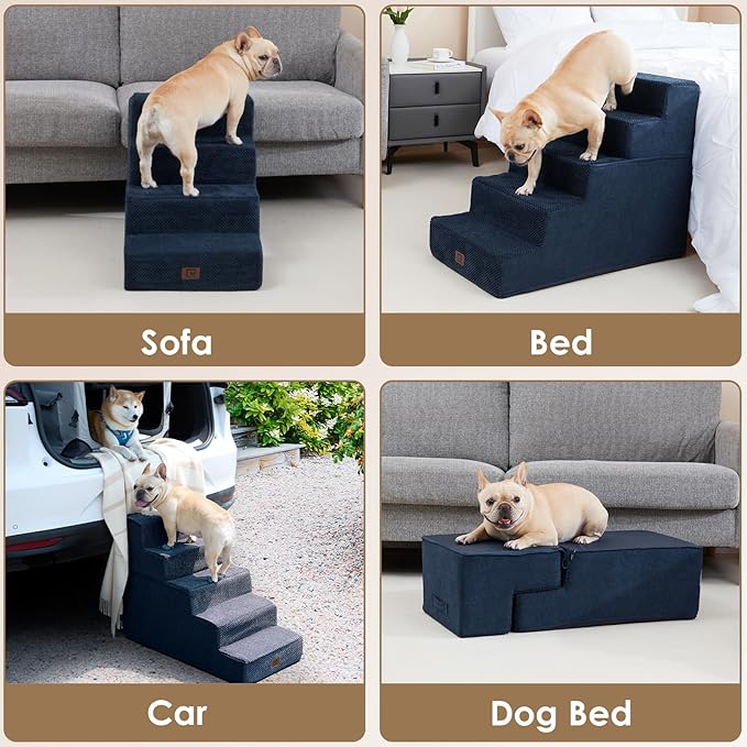 EHEYCIGA Dog Stairs for Small Dogs 13.5" H, 3-Step Dog Steps for Couch Sofa and Chair, Pet Steps for Medium Cats, Non-Slip Balanced Pet Ramp Indoor, Navy Blue
