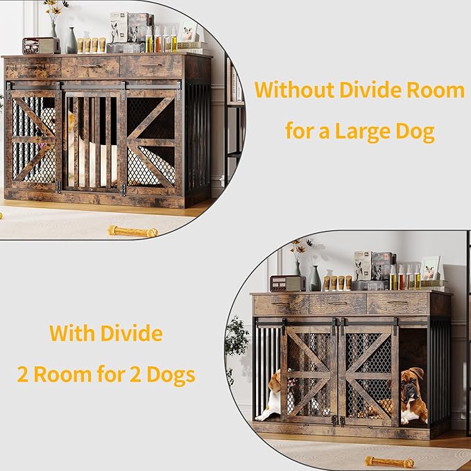 48'' Dog Crate Furniture with Removable Divider & Storage Drawers, Wooden Double Dog Cage TV Stand with 2 Sliding Barn Doors, Multi-Functional Dog Crate End Table for Indoor use (Retro Brown)