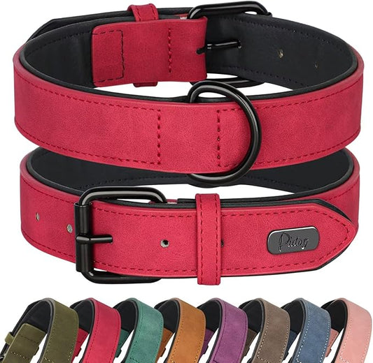 Didog Soft Padded PU Leather Dog Collar, Breathable and Adjustable Red Dog Collars for Medium Dogs, Comfortable for Daily Walk, Red, L Fit Neck 13-17"(22-44 lbs)