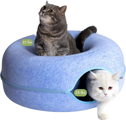 CATTASAURUS Peekaboo Cat Cave for Multiple & Large Cats Up to 30-45 Lbs, Scratch Detachable & Washable Tunnel Bed, Comfy Donut Cat Cave (Blue, Large)