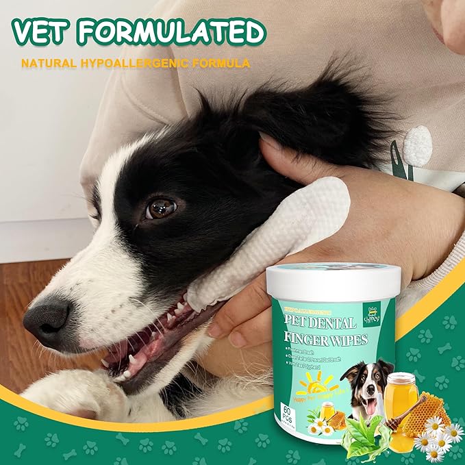 60 Count Dog Dental Wipes - Teeth Cleaning Finger Wipes for Dogs & Cats, Hypoallergenic Dog Toothbrush Finger Dental Wipes to Remove Plaque & Tartar, Freshen Bad Breath, Gentle Cleaning(4.7″*1.7″)