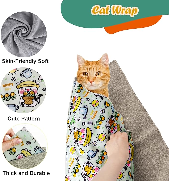 Cat Wrap for Cutting Nails and Grooming(27"x27"),Cat Restraint Wrap for Nail Clipping, Self-Adhesive Fabric Cat Swaddle Burrito Wrap for Nail Trimming (Cow Style)