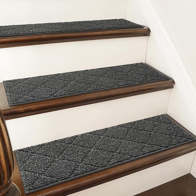 COSY HOMEER Edging Stair Treads Non-Slip Carpet Mat 28inX9in Indoor Stair Runners for Wooden Steps, Edging Stair Rugs for Kids and Dogs, 100% Polyester TPE Backing (15pc, Black)