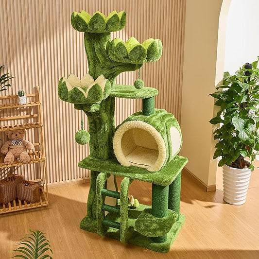 80.35'' Luxury Cat Tree for Indoor Cats, All-in-One Tall Flower Tower with Scratching Post, Multi-Level Heavy Duty Cat Tree for Indoor Cats, Solid Wood Cat Condo for Multi-Cat Families