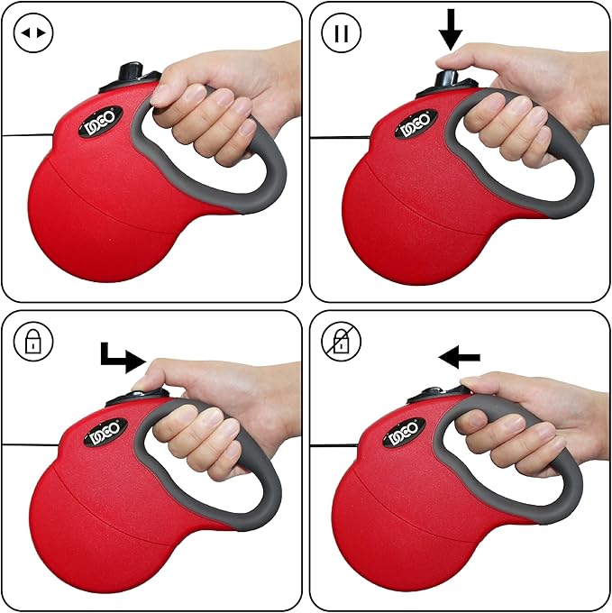 DOCO Retractable Dog Leash for Large Dogs (Length - 16’, Weight - Upto 110lb) Reflective Tape Lead with Stop and Lock Control, Tangle Free 360° Swivel Snap & Anti-Slip Grip (Red, Large)