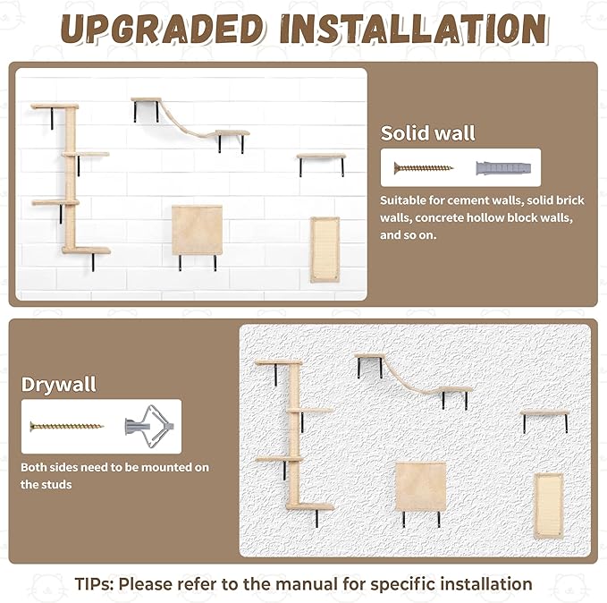 COZIWOW Wall Mounted Cat Furniture, Cat Wall Shelves and Perches, Floating Cat Shelves for Wall Set of 5(Beige)