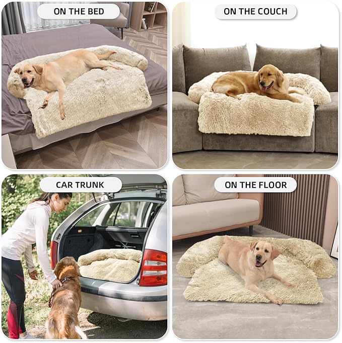 Calming Dog Bed Fluffy Plush Dog Mat for Furniture Protector with Removable Washable Cover for Large Medium Small Dogs and Cats (Extra Large (53x39.3x6), Beige)