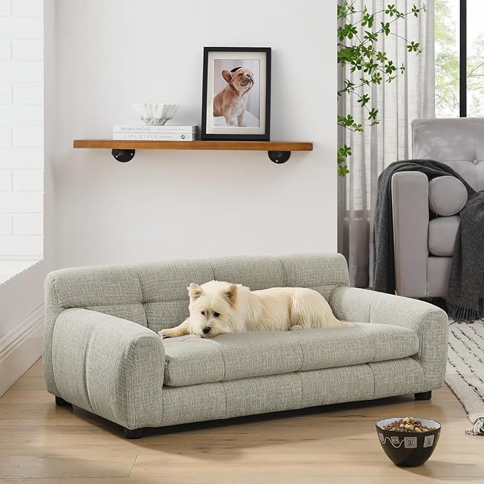 Dog Couch Bed, Mini Sofa for Dogs with Backrest and Armrest, Durable Pet Sofa with Soft Foam Cushion, Elevated Dog Couch Bed with Legs for Medium and Large Dogs, Beige
