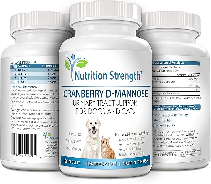 Cranberry D-Mannose for Dogs, Support for Bladder & UTI, Pet Urinary Tract + Immune Health Supplement, Cranberry for Dogs with D-Mannose & Vitamin C, 150 Chewable Tablets