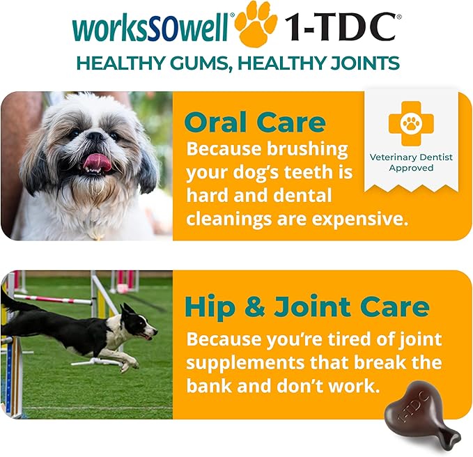 1TDC WorksSoWell Dual Action Joint Supplement for Dogs & Cats - Hip and Joint Supplement for Large Breed & Small Breed - Also Great for Oral Health - Muscle & Stamina Recovery & Arthritis - 120ct